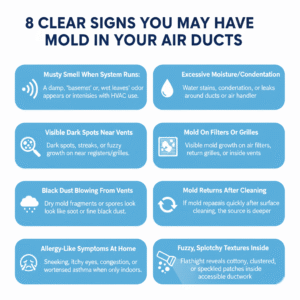 Infographic listing the 8 signs of mold in air ducts